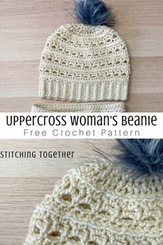 two crocheted beanies with blue pom - pom on top and the same