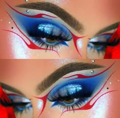 Blue Fire Makeup, Red White Blue Makeup, Red White And Blue Makeup Looks, Red And Blue Makeup Looks, Red And Blue Eyeshadow Looks, Fourth Of July Makeup Looks, Patriotic Makeup Eye, Blue And Red Makeup, Red White And Blue Makeup