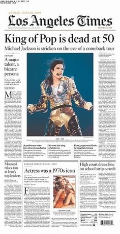 the front page of los angeles times, with an image of michael jackson on it