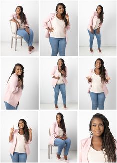 a collage of photos of a woman sitting in a chair and posing for the camera