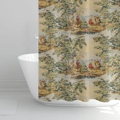 a shower curtain with an image of people on the water and trees in the background