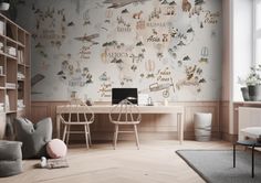 a room with a desk, chair and bookshelf filled with items on the wall