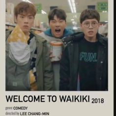 two young men standing next to each other with the words welcome to wakiki in front of them