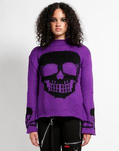 Goth Sweater, Tie Front Sweater, Skull Sweater, Goth Clothing, Purple Knit, Brandy Melville Sweaters, Tie Dye Sweater, Distressed Sweaters, Black Skull