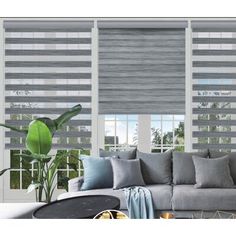 a living room filled with furniture and large windows covered in white roller shade coverings