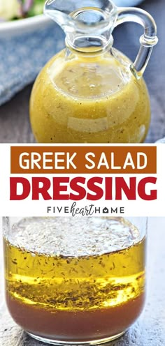 greek salad dressing in a glass jar with the title overlay