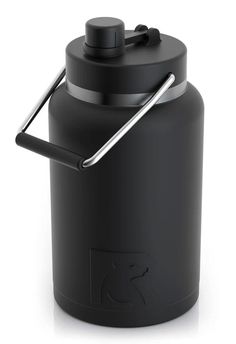 a black water bottle with a metal lid