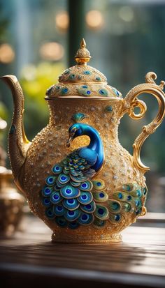 a gold teapot with a peacock painted on it's side sitting on a table