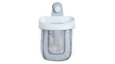 a white mesh container with a handle on the front and bottom, attached to a hook