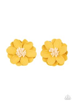 Yellow paper-like petals delicately gather around life-like beaded centers, creating a colorfully whimsical pair of blossoms. Each flower features a standard hair clip on the back.

Sold as one pair of hair clips. Yellow Hair Accessories, Yellow Blossom, Dream Catcher Earrings, Yellow Paper, Colorful Accessories, Yellow Hair, Hair Clips Girls, Paparazzi Accessories, Woven Bracelets