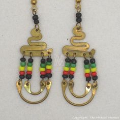 Brass Maasai Beads Rasta Earrings Traditional Multicolor Brass Earrings, Multicolor Brass Drop Earrings, Multicolor Dangling Beaded Brass Earrings, Multicolor Brass Earrings For Pierced Ears, Multicolor Brass Jewelry With Dangling Beads, Multicolor Brass Earrings For Festivals, Multicolor Metal Festival Earrings, Traditional Brass Beaded Earrings For Festival, Colorful Beaded Brass Dangle Earrings