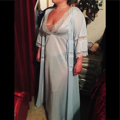 Beautiful Light Blue Satiny Nylon With Lace Accents Along Bust Line And Robe. Full Length Peignoir/Negligee/Nightgown And Robe Set. Size Large In Beautiful Condition. I Did Not Come Across Any Rips, Holes,Or Snags.The Inside Tie For Robe Has Detached From One Side, Easy Fix Model Is 5’0, 150lbs, 36/C Size Large Please See All Pics Ask Questions Before Buying No Returns Smoke Free Dog Friendly Home If Unable To Get To The Post Office During The Week I’ll Ship Out On Saturday Thank You Blue Lace Sleepwear For Night, Blue Sheer Lace Sleepwear, Blue Sheer Sleepwear For Wedding Night, Sheer Blue Sleepwear For Wedding Night, Sheer Blue Nightgown, Blue Lace Nightgown For Sleep, Blue Lace Nightgown For Loungewear, Blue Sheer Nightgown, Nightgown And Robe