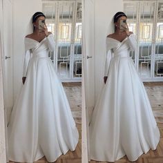 Simple Satin Wedding Dresses Long Sleeves Off Shoulder Full Length Bridal Gowns | eBay Wedding Dresses Long Sleeve A Line, Wedding Dresses Long Sleeve Satin, Over Shoulder Wedding Dress, Full Sleeve A Line Wedding Dress, Wedding Dress Long Sleeve Off Shoulder, Wedding Dress Satin Off The Shoulder, Winter Wedding Dress Satin, Off White Satin Wedding Dress, Wedding Dresses Simple With Sleeves