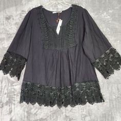 What Are You Buying: Solitaire Womens Blouse 2x Black Lace Crochet Trim 3/4 Sleeves Fairy Whimsy Goth New Grunge, Rock, Halloween, Vampire, Renaissance, Flowy, Feminine Condition: New With Tags - Please Note, Item Measurements Are Approximate. Please Compare The Flat Lay Measurements To Your Favorite Garments To Ensure Fit. Reasonable Offers Will Be Considered. Fast Shipping In The Usa Bohemian Black Top With 3/4 Sleeves, Black Bohemian Blouse With 3/4 Sleeves, New Grunge, Whimsy Goth, Halloween Vampire, Black Lace Trim, Lace Crochet, Crochet Trim, Flat Lay