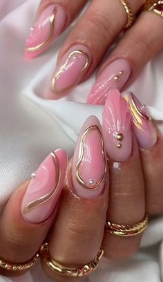 Pink B Day Nails, Aphrodite Inspired Nails, Pink Bday Nails Almond, Pink Ethereal Nails, Pink And Gold Gel Nails, Nail Art Mauve, Pink Nail Inspo Almond, Pink Almond Nails Design, Nails Pink Yellow