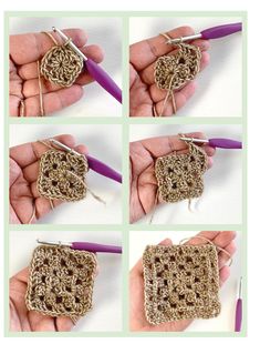 crocheted square being worked on by someone using knitting needles and yarn to make it