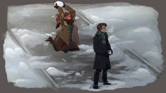 two people standing in the snow one is holding an umbrella and the other is wearing a coat