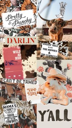 the collage has many different types of images and words on it, including an animal's head