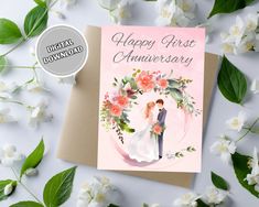 a wedding card with an illustration of a bride and groom on the cover, surrounded by flowers