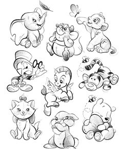 some cartoon animals that are drawn in black and white