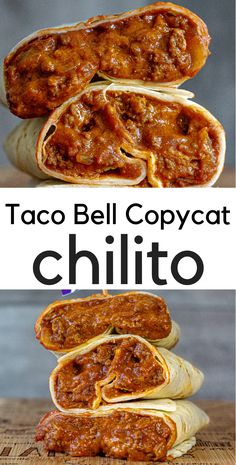 three different types of chili cheese burritos stacked on top of each other