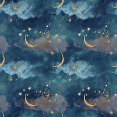 a blue background with gold stars and crescents on the night sky, painted in watercolor