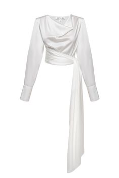 Organic silk crop-length blouse. Long sleeve. Draped neck. Long waist scarf on side. Long cuffs with double buttons. Color: off-white Shell: 100% silk Made in Georgia Coat Shoes, Tie Blouse, Knitwear Tops, Waist Tie, Online Purchase, Summer Sale, Jacket Dress, Georgia, Perfect Fit