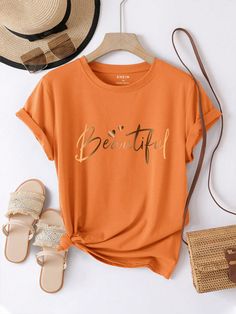 Plus Size Letter Print Round Neck T-Shirt Graphic Tees Women Tops Orange Casual  Short Sleeve Fabric Letter  Slight Stretch Summer Women Plus Clothing, size features are:Bust: ,Length: ,Sleeve Length: Flat Lay Photography Clothing, Flatlay Clothes, Clothing T Shirt, Flat Lay Photography, Clothing Photography, Graphic Tees Women, Plus Size T Shirts, Plus Size Tops, Letter Print