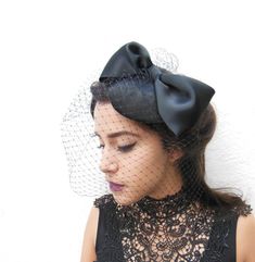 Black Birdcage Veil, Giant Bow, Women's Hat, Black Fascinator, Hair Accessory, Wedding Veil, Classic Bridal, Victorian Costume, Romantic Black Hat-style Headpieces For Wedding, Black Hat Headpiece For Wedding, Black Hat Style Headpieces For Wedding, Party Fascinator With Ribbon, Black Mini Hat For Wedding At Royal Ascot, Black Mini Hat For Kentucky Derby Wedding, Fitted Ribbon Fascinator For Evening, Fitted Evening Fascinator With Ribbon, Party Hair Accessories Headband With Bow