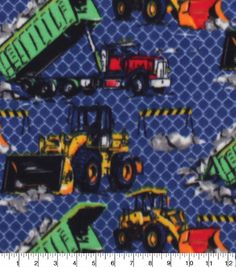 a blue background with construction trucks and tractors