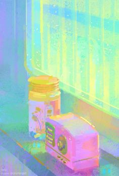 an image of a pastel painting of a jar and toaster on the window sill