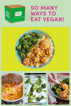 broccoli, corn and other vegetables are shown with the words so many ways to eat vegan