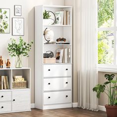 a white bookcase in the corner of a room next to a potted plant