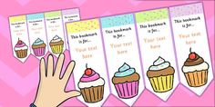 the hand is pointing at four bookmarks with cupcakes on them