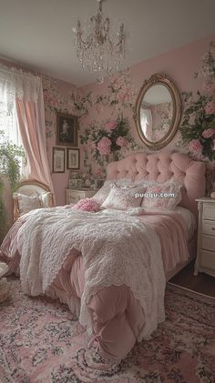 a bedroom decorated in pink and white with flowers on the wall, chandelier and bed