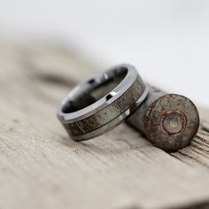 two wedding rings sitting next to each other on top of a piece of driftwood