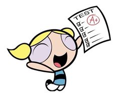 a cartoon character holding up a test paper with the word'test 4'written on it