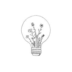 a black and white drawing of flowers in a light bulb