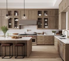 a kitchen filled with lots of wooden cabinets and counter tops