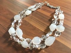 White Clear Double Strand statement necklace, big beaded necklace, chunky jewelry, white necklace, c White Double Strand Necklace For Party, White Double Strand Beaded Necklace For Party, Clear Necklace, Necklace C, Necklace Big, Yellow Jewelry, Jewelry White, Necklace Chunky, Chunky Jewelry