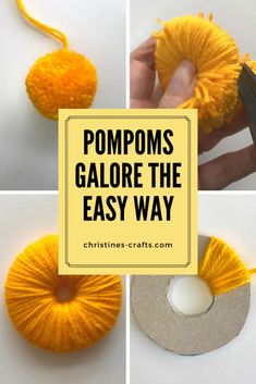 four pictures showing how to make pompoms galore the easy way