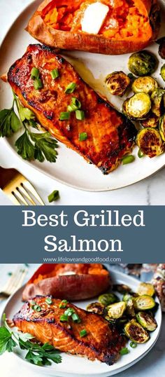 grilled salmon and brussel sprouts on a white plate with text overlay