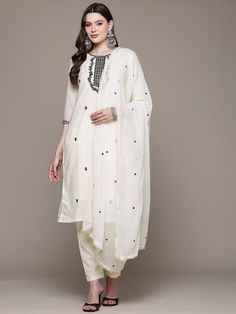 Floral Embroidered Mirror Work Pure Cotton Kurta Set PRODUCT DETAILS  Off white embroidered Kurta with Trousers with dupatta Kurta design: Floral embroidered Straight shape Regular style Round neck, three-quarter regular sleeves 1 pockets mirror work detail Calf length with straight hem Pure cotton machine weave fabric Trousers design: Solid Trousers Partially elasticated waistband Slip-on closure Size & Fit The model (height 5'8) is wearing a size S Material & Care Pure Cotton :Machine Wash Spe Cream Embroidered Sets With Traditional Drape, Cream Embroidered Fitted Palazzo Set, Off-white Zari Work Straight Kurta Set, Fitted Cream Embroidered Palazzo Set, Fitted Embroidered Cream Palazzo Set, Embroidered Mulmul Palazzo Set With Straight Kurta, Embroidered Palazzo Set With Straight Kurta In Mulmul, Designer White Churidar With Floral Embroidery, White Churidar With Floral Embroidery For Designer Wear