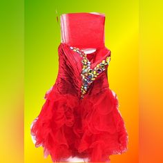 Nwt Mayqueen Absolutely Stunning Party Dress With Jewels Ruffles & Spaghetti Straps & Scarf Glamorous Red Party Corset Dress, Carnival Party Mini Dress, Fitted Mini Dress For Party At Carnival, Fitted Mini Dress For Carnival, Sleeveless Mini Dress For Fancy Dress Occasions, Fitted Sleeveless Mini Dress For Fancy Dress Occasions, Fitted Sleeveless Mini Dress For Fancy Dress, Sleeveless Dresses For Party And Carnival, Red Strapless Party Gown