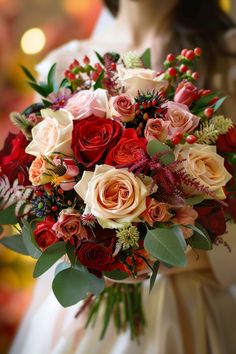 a bride holding a bouquet of red and white flowers with greenery in her hand