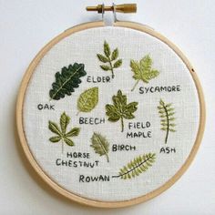 an embroidery project with different types of leaves and plants on it's hoop frame