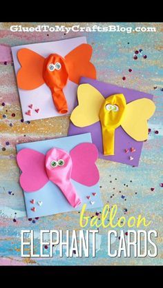 three paper crafts with different shapes and colors