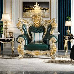 a fancy living room with gold trimmings and green velvet upholstered chair