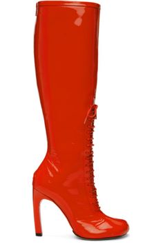 Glossy High Heel Party Boots, Glossy Finish High Heel Party Boots, Red Fitted Patent Leather Heeled Boots, Fitted Red Patent Leather Heeled Boots, Evening Patent Leather Boots With Red Sole, Fitted Patent Leather Boots With Red Sole, Red Patent Leather High Heeled Boots, Red Fitted Patent Leather Boots, Fitted Red Patent Leather Boots