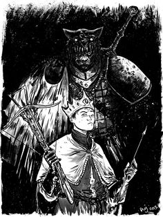 a black and white drawing of two people in front of a demonic creature with horns